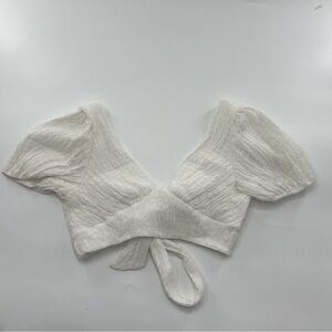 Fortunate One White Crop V Neck Top Shirt Women’s Blouse Gauze Fabric